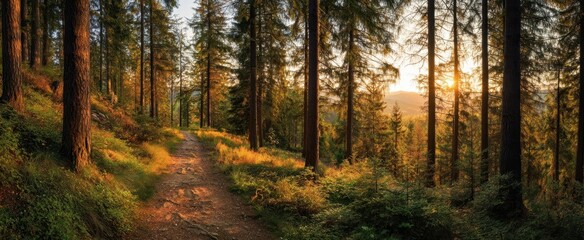 Fototapeta premium The tranquil forest path illuminated by a breathtaking sunset glow