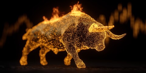 Fototapeta premium A glowing 3D wireframe bull representing market strength and energy, ideal for financial and investment themes, ideal for advertising, marketing, website backgrounds, banners, and commercial design