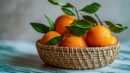 The vibrant oranges arranged beautifully in a woven basket on a marble table.