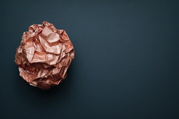 Crumpled metallic rose gold paper ball on a dark background.