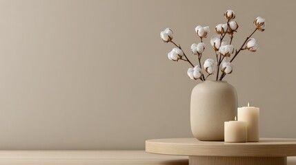 Elegant Interior Decoration with Cotton Flowers in a Vase and Burning Candles on a Table