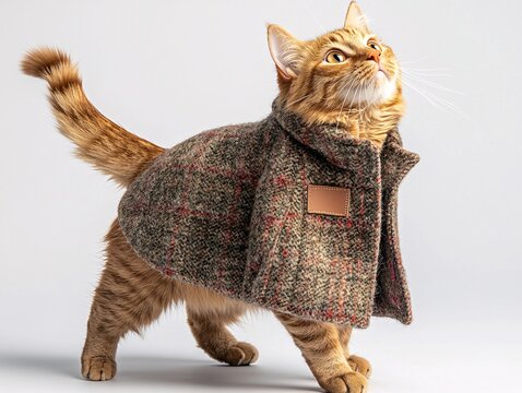 Ginger Cat in Tweed Cape: Pet Fashion, Autumn Apparel, Cat Clothing