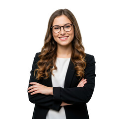 Smiling young woman wearing glasses and a black blazer with arms crossed isolated on transparent background