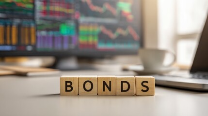 Bonds investment strategy concept, wooden blocks spell out bonds with stock market data in background