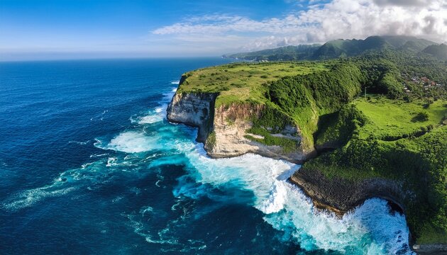 aerial view of lush green cliffs meeting vibrant blue ocean waves