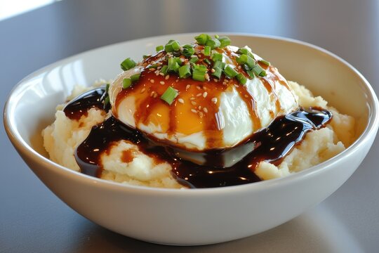 Fried egg over mashed potatoes with a dark sauce.