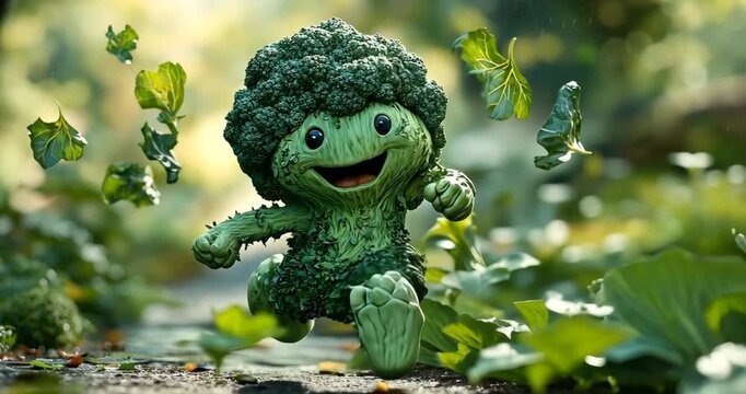 A cheerful, animated broccoli mascot joyfully runs through a vibrant garden setting.
