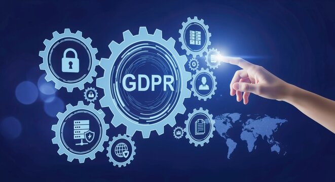 Digital Data Privacy Concept: Hand Activating GDPR Settings with Gear Icons, Protecting Digital Information - Powered by Adobe