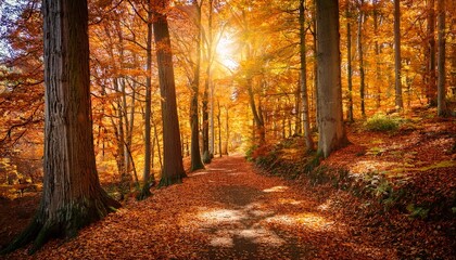 autumn path in golden forest sunlight illuminates path among tall trees with orange foliage picturesque autumn forest trail perfect for fall themed design projects