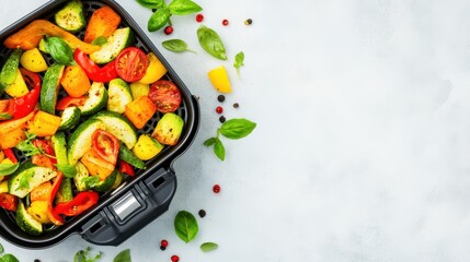 Delicious air fried vegetables with fresh basil on a light background, ready to eat.