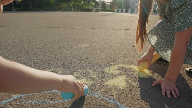 rainbow Kid child baby boy girl happy family, child dream, Young artists at work, Drawing in sun, Big chalk pieces, Working together, Beautiful rainbow, Fun and focus, Weekend vibes, Outdoor