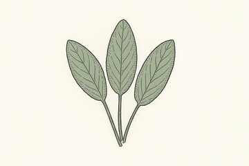 Sage leaves with visible veins, oblong shape, sketch-style contours, dusty green fill strokes, centered minimalist design