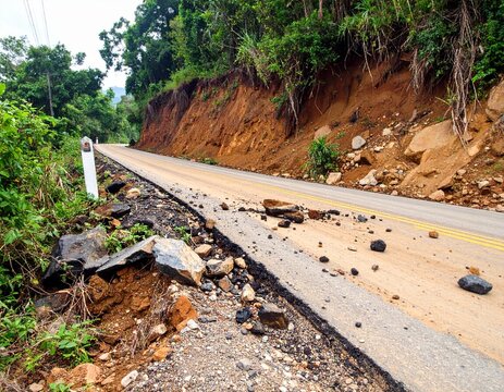 Carretera rural bloqueada por un derrumbe reciente de tierra y piedras, con vegetaci&oacute;n da&ntilde;ada