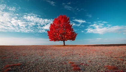vibrant tree with bright red foliage stands in a sparse landscape against the turquoise sky and wispy clouds creating dreamlike scenery