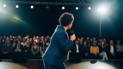 Energetic speaker addresses audience.