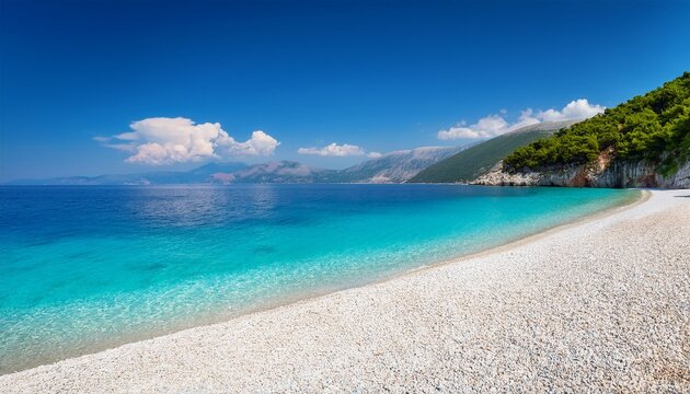 a serene view of the albanian riviera on a bright summer daytime turquoise water lapping against the white pebble beach