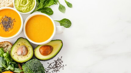 Delicious and healthy vegan soup with fresh avocado and greens.