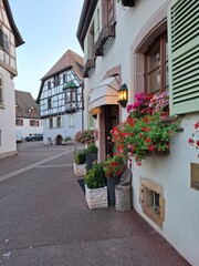 narrow street in the old town of Eguisheim, Alsace, France