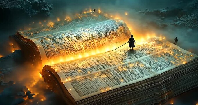 A giant burning book in a dark, mysterious landscape, with a woman and child exploring its fiery pages.