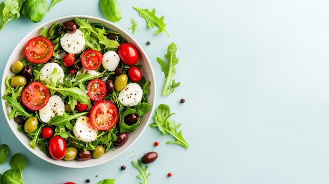 Fresh and vibrant caprese salad with a variety of colorful, healthy ingredients, perfect for a light meal.