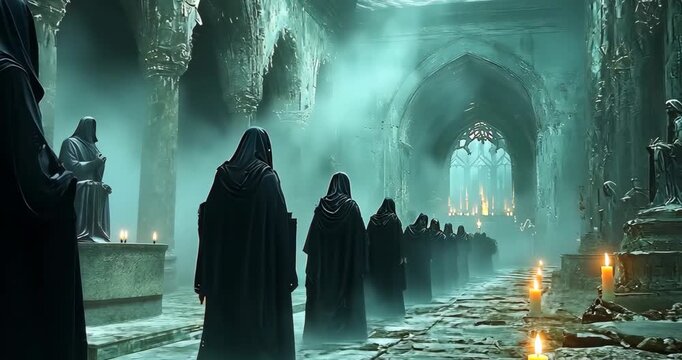 Hooded figures in a dimly lit gothic setting, moving in a procession towards an altar.