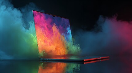 Laptop, fire, dark, studio, smoke, technology, gaming, reflection, power