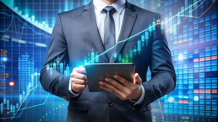 Confident businessman analyzing stock market data on tablet with glowing charts overlay