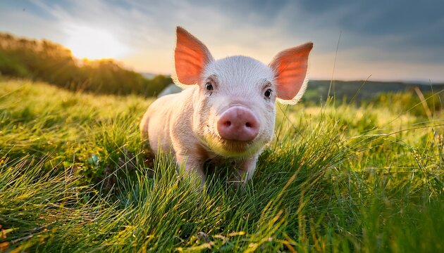 adorable piglet in lush green grass exploring nature its curious gaze and playful pose capture the essence of youthful joy and untamed freedom