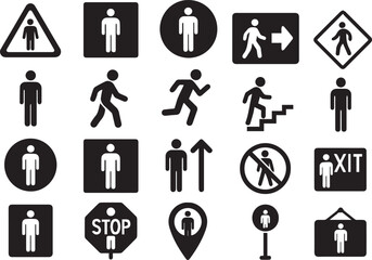 Black silhouette icons of people and direction symbols, including restroom, pedestrian, running, stairs, and navigation signs. Perfect for wayfinding, public spaces, and navigation design projects.
