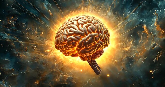 A brain explodes with golden energy in a cosmic nebula, symbolizing the power of the mind.