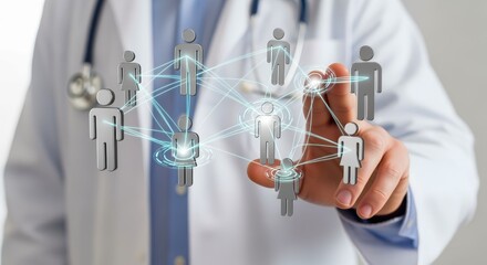 Doctor Interface Touching Virtual Network of People, Representing Telemedicine, Online Healthcare, and Digital Communication in Medicine