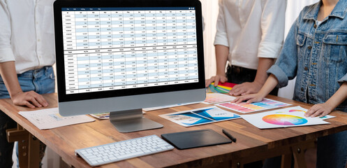 Accounting software on computer screen showing financial statement spreadsheets and account balance of corporate business offer accountant a fine calculation accounting brisk