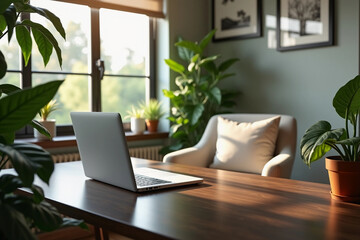 Cozy Home Office with Laptop and Plants