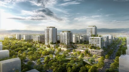 Modern Urban Residential Complex: Architectural Visualization of Contemporary Buildings with Green Spaces and Sustainable Design Features