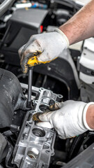 Technician repairing car engine
