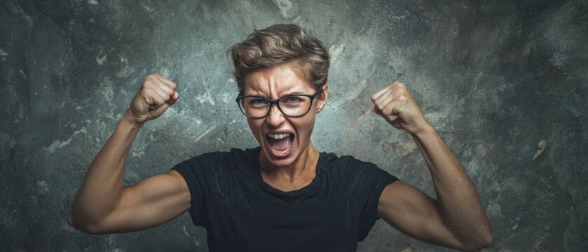 The woman expressing intense anger with raised fists against a textured background.