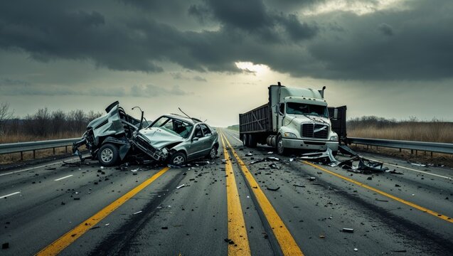 A devastating car and semi-truck accident on a highway creates a scene of destruction and chaos.
