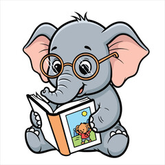 Happy Cartoon Elephant Reading Book Clipart for Nursery Decor and School Learning Materials