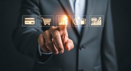 Man in Suit Touching Digital Icons Representing Business, Finance, and Economic Growth on Dark Background