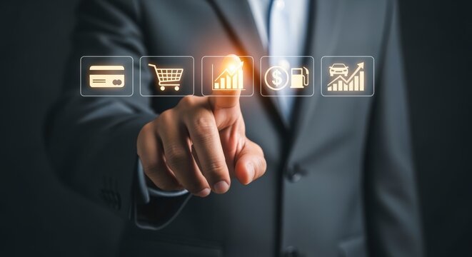 Man in Suit Touching Digital Icons Representing Business, Finance, and Economic Growth on Dark Background