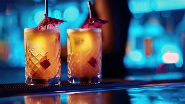 Two tropical cocktails with straws and pineapple slices, set against the backdrop of a bustling bar scene.
