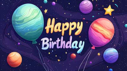 Happy Birthday Space Theme with Planets and Balloons