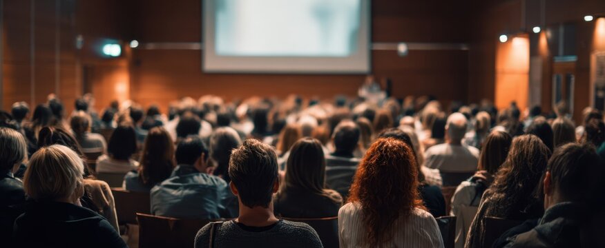 The engaged audience at a professional conference hearing a speaker's presentation.