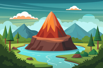 Clean Vector Illustration Rustic Volcano Cone By River