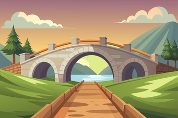 Clean Vector Illustration Stone Bridge With Morning Light