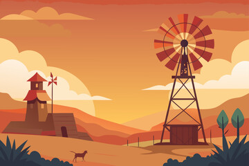 Clean Vector Illustration Windmill With Warm Sunset