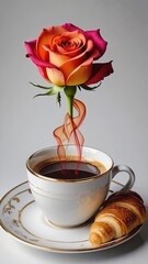 Fresh rose in coffee cup with croissant on white background  