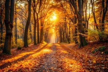 A sunlit path winds through an autumn forest, with golden sunlight filtering through trees and illuminating fallen leaves