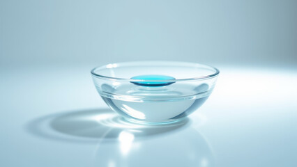 Clear shallow dish holding a single blue droplet in center