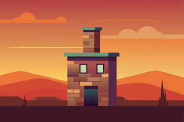 Flat Realistic Vector Style Chimney With Warm Sunset